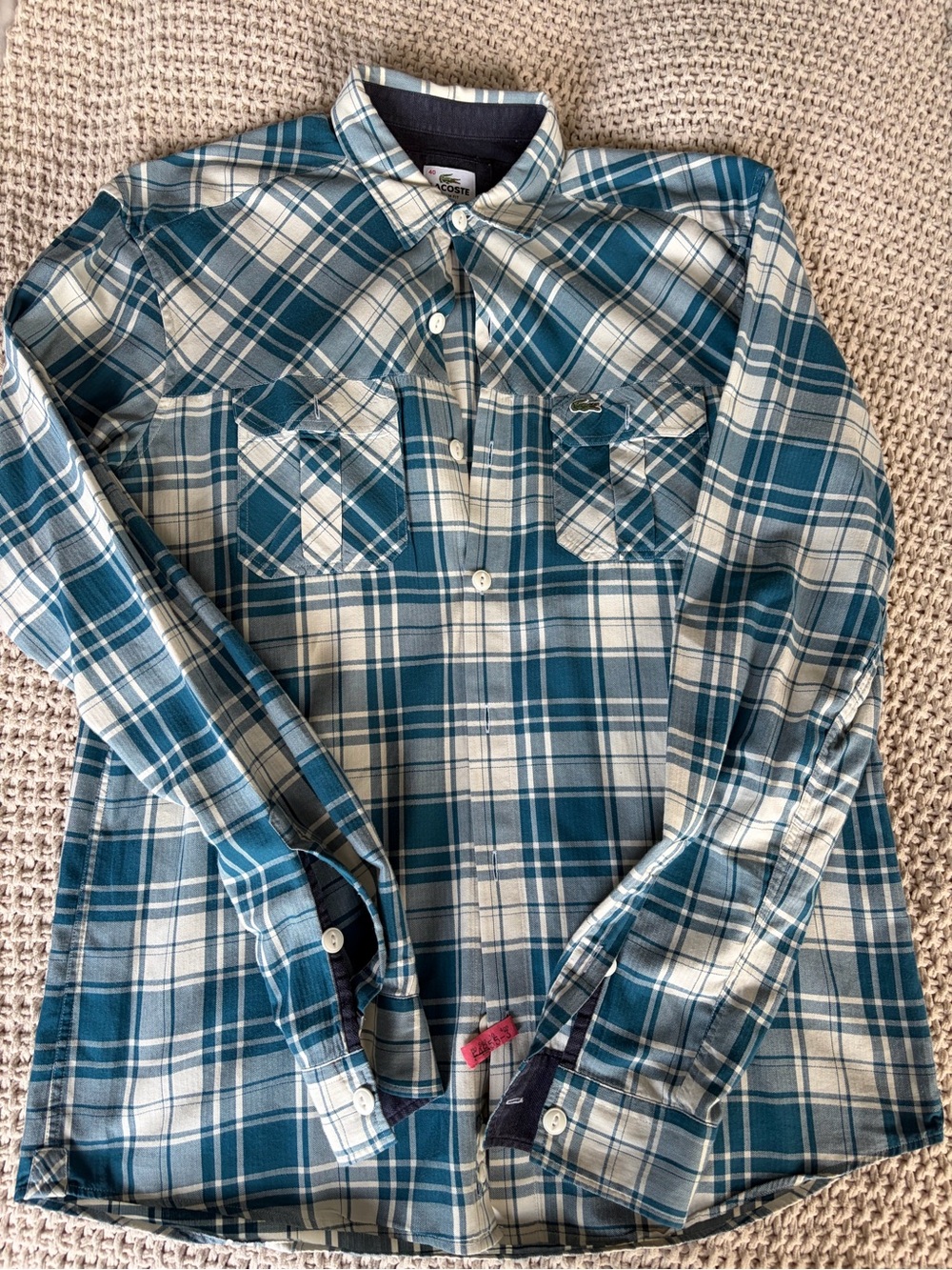 Lacoste Men's Teal and White Plaid Button-Up Shirt